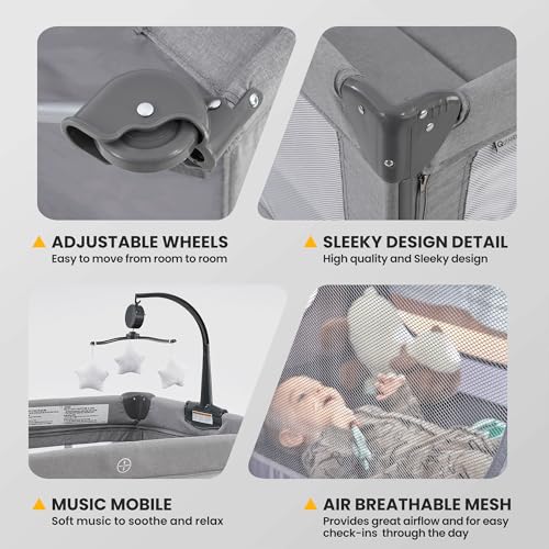 Image of QUTANIX 2-in-1 Baby Playard, Pack and Play Bassinet, Easy Folding Portable Crib with Music Mobile for Newborn to Toddlers (Grey)