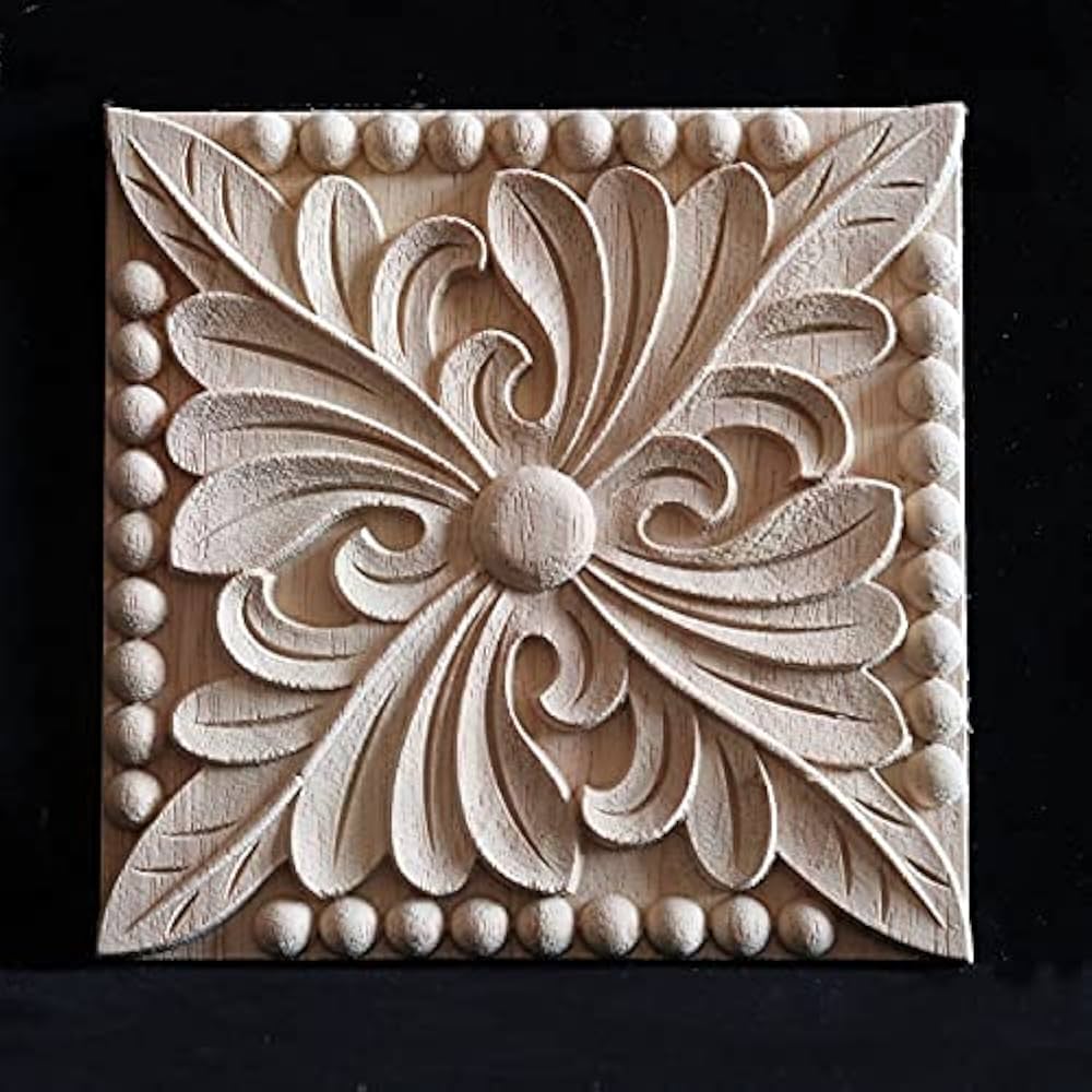 Uxcell 4Pcs Carved Wood Appliques Onlays, 8x8 Cm/3.1x3.1 In Unpainted Corners Flower Carvings Decals For Chests