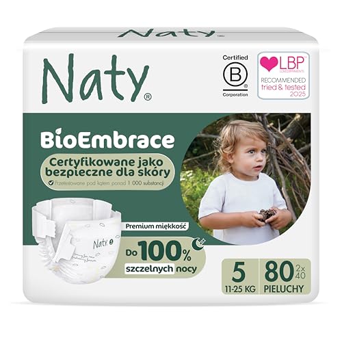 Naty BioEmbrace Pieluchy dla niemowląt | Certyfikowane bezpieczne dla skóry | Ochrona do 100% | Roślinna miękkość | Bez chloru | Rozmiar 5 (11–25 kg), 80 szt
