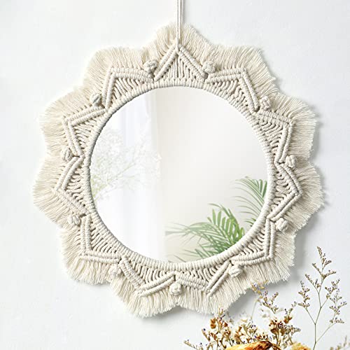 Dremisland Wall Mirror-15 Inch Round Mirror with Macrame Fringe, Boho Decorative Hanging Mirror Wall Decor Art Ornament for Apartment Home Bedroom Living Room Baby Nursery (Beige)