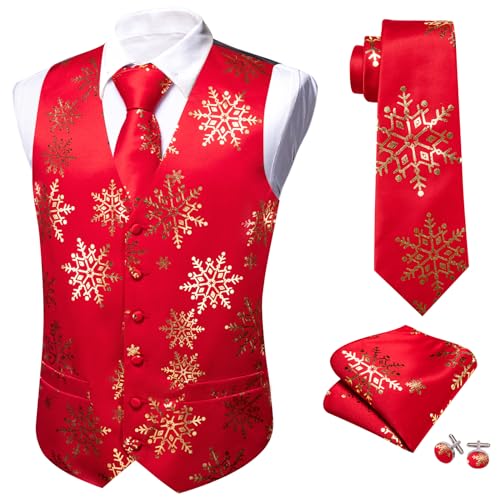 Barry.Wang Men Christmas Vest Red Green Xmas Tree Snow Elk Snowflake Holiday Suit Waistcoat Tie Set New Year Festival 6