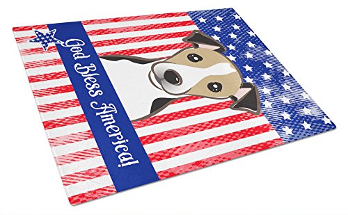 Caroline's Treasures BB2191LCB American Flag and Jack Russell Terrier Glass Cutting Board Large Decorative Tempered Glass Kitchen Cutting and Serving Board Large Size Chopping Board