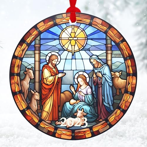 Amazon.com: Stained Glass Nativity Ornaments Round Acrylic Ornament ...