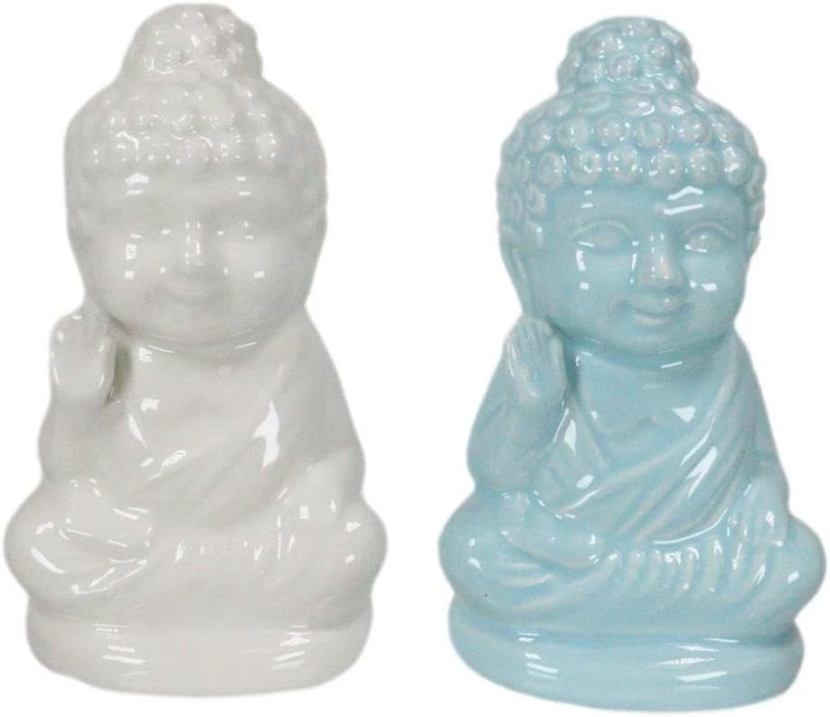 Set of 1 White and Turquoise Buddha Ceramic Salt & Pepper Shakers