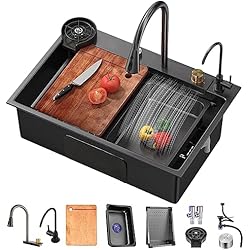 Fregadero Moderno Cocina ECTbicyk Fregadero en Cascada, 304 Fregadero de Cocina de Acero Inoxidable, Fregadero de Cocina con Grifo telescópico y Otros Accesorios (68 x 45 cm)