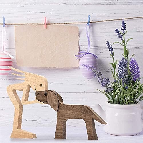 Clisole Family Puppy Wooden Carving Ornaments, Lovely Solid Wood Pet Dog Family Crafts Sculpture, for Pet Lover (Women and Dog)