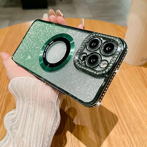 Coque de luxe pour iPhone 14 Pro paillettes diamant vert foncé