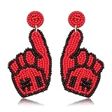 Game Day Earrings for Women Beaded Dangle Earrings #1 Hand Post Earrings Handmade Sports Earrings Party Favors Jewelry Gift (Finger Red&Black)