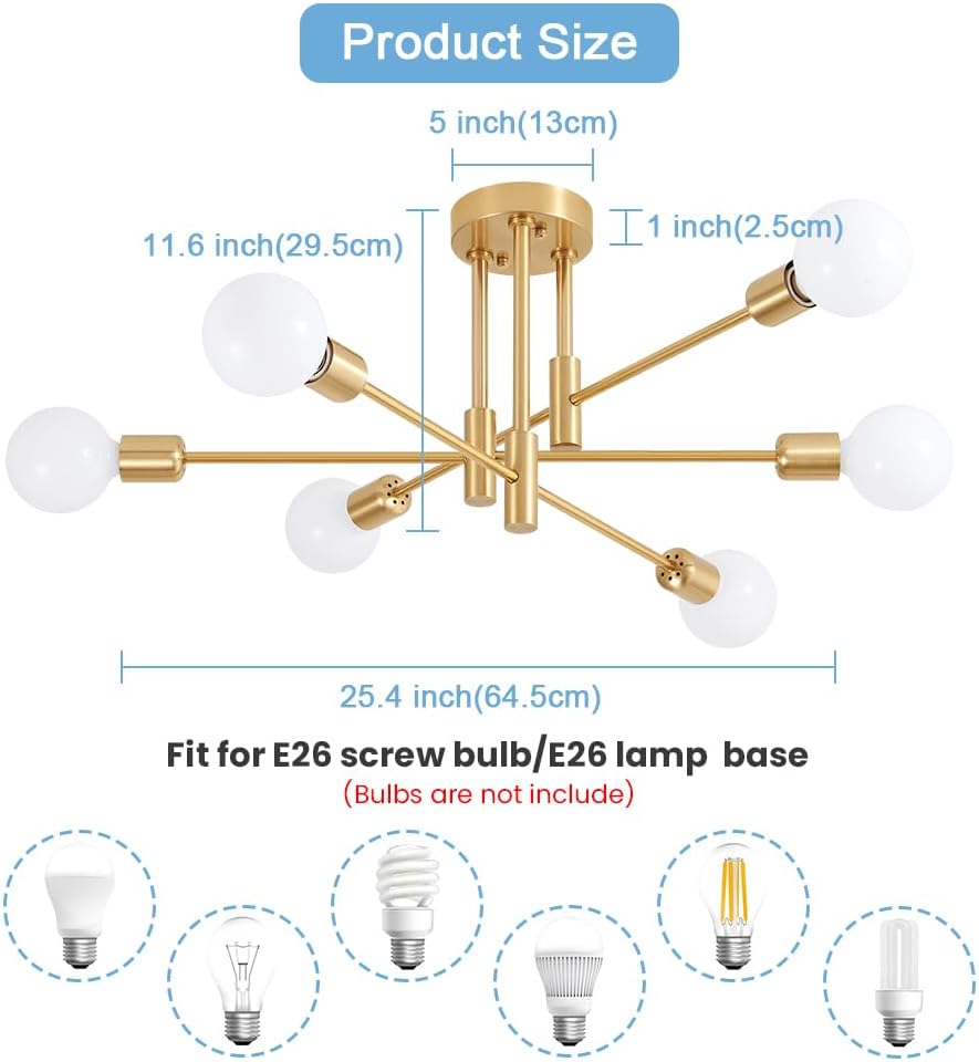 Biewalk Modern Chandelier Ceiling Light Fixture, 6-Light Sputnik Dining Chandeliers 31.18" Gold and Black Chandelier Over Table, Mid Century Lights Fixture for Dining Room Living Room Kitchen Island