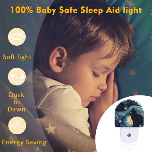 Image of Starry Night Black Cat Night Light Plug into Wall, Abstract Oil Painting Cat Dusk to Dawn Night Light Plug in,0.5w Energy Saving Sleep Friendly Nightlight for Kids Boys Girls Home Decor