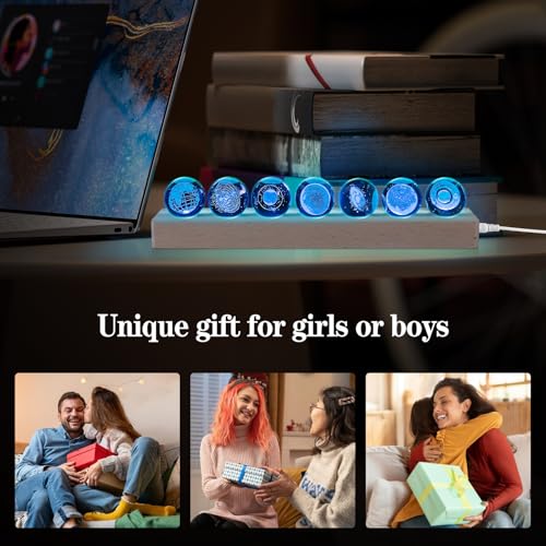 Image of JOJOCY 7 Pcs Solar System Planet Crystal Balls LED Wooden Base, 3D Outer Space Decor with 7 Colors, Includes Earth, Sun, Milky Way & More, Ideal Gift for Astronomy Lovers, Room Office Decoration