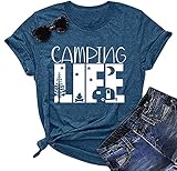 Hiking Camping Shirts for Women Funny Graphic Tees Shirts Happy Camper Letter Print Casual Tee Tops