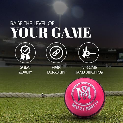 Mozi Sports® Leather Cricket Ball Senior Hand Stitched Match Quality Balls Weight 5.50oz (3x Pink H-Stitched) - Image 2
