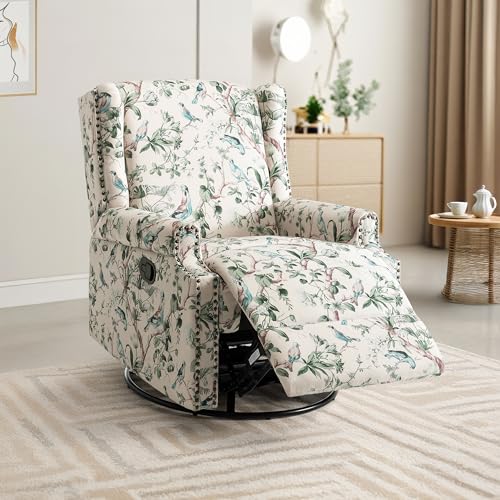 Image of Swivel Rocker Recliner Chair, 360 Swivel Wingback Recliner Chairs for Adults, Upholstered Printed Fabric Glider Rocking Chair with High Back, Deep Seat for Living Romm Bedroom, Bird