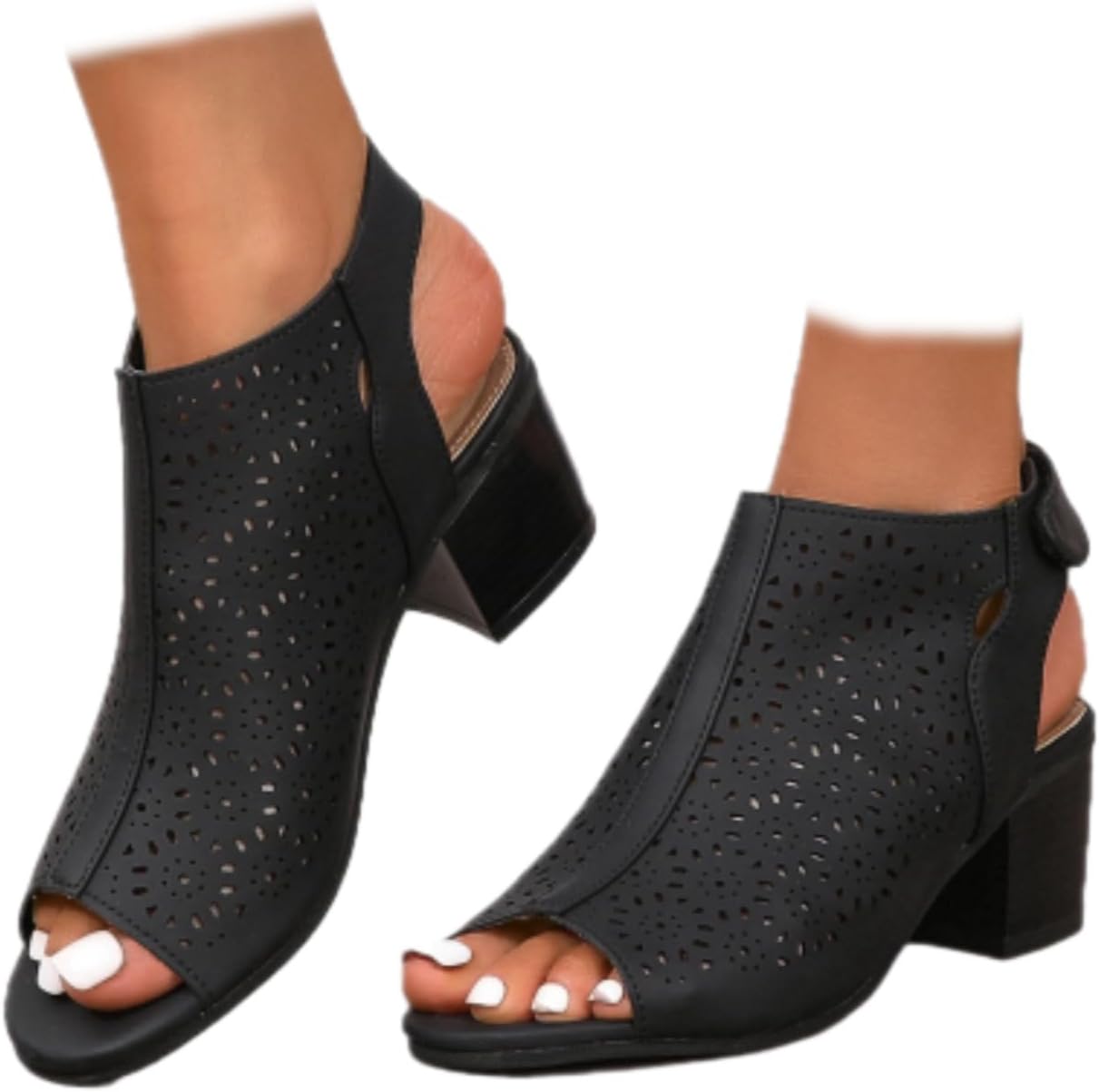 SACFOF Femmes D&eacute;coup&eacute;es Peep Toe Slingback Chunky Stack Heel Ankle Booties Bracelet de cheville Talon bas Pompes de robe Sandales