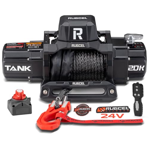 RUGCEL WINCH 20000lb 24V Extreme Duty Truck Winch, Waterproof Electric Synthetic Rope, Black Rope, for Truck,Van, 2 in 1 Wireless Remote Control, Tank Series.