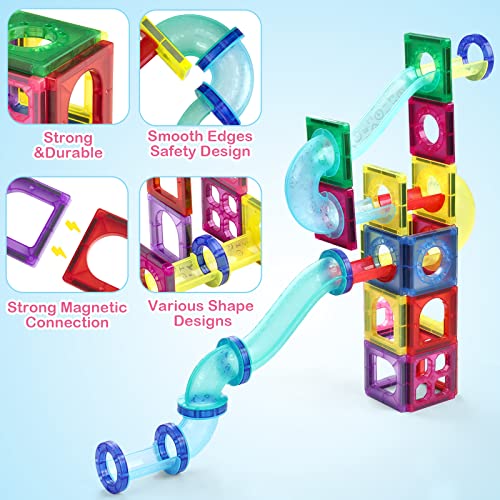 image for Serrelim Marble Run Magnetic Tiles, 45pcs Marble Run Race Track 3D Mag