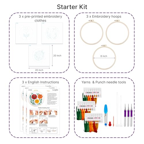 Image of Looples Punch Needle Embroidery Kit for Beginners and Adults with Video Tutorials - DIY Starter Kit with 3 Stamped Floral Patterns, Hoops, Threads, Needles, and Instructions (Punch Needle: Floral)