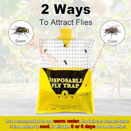 Outdoor Fly Traps for Patio, 4 Pack Pre-Baited Big Fly Bags Outdoor Disposable, Hanging Fly Catcher Hunter Stable Horse Ranch Control Repellent Killer for Barn, Farm