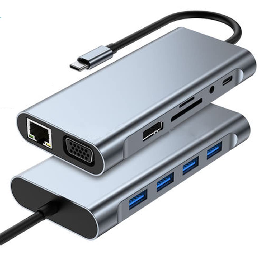 Coverzone 11 in 1 Type-C To USB Hub HDMI (4K),Audio/, Type-C/, 4X USB 3.0/, LAN/, VGA/, SD Card Reader Çevirici Hub 10 Port Adaptör Dönüştürücü Çoklayıcı