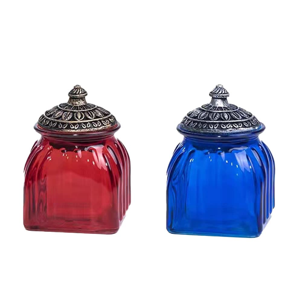 Retro Glass Decorative Jars Elegant Glass Jars With Baroque Lid , Livejun Storage Containers Canisters for Wedding Party Kitchen Jewelry Boxes Blue and Red Candy Jars 2Pcs 21.9 oz