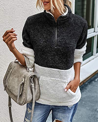 BTFBM Womens Sherpa Pullover Quarter Zip Long Sleeve Fluffy Soft Fleece Jackets Sweaters Sweatshirts Hoodies Outwear Coat (Black, Small)