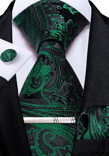 Image of DiBanGu Paisley Ties for Men Silk Necktie and Pocket Square Cufflinks Tie Clip Set Woven Classic Mens Tie for Wedding Party