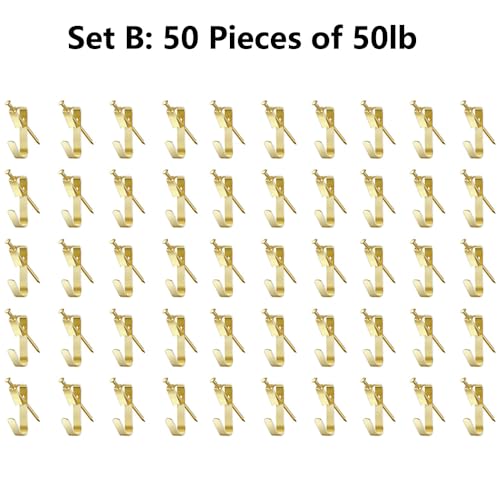 Image of Picture Hangers Kit, Picture Hanging Hooks Kit Golden Picture Hooks Hanging Hardware for Wall Hanging Photos Frames Mirrors Picture Painting Hangers-Set B