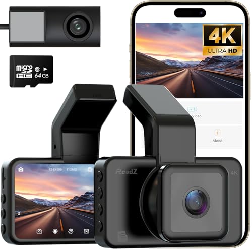 RoadZ Dash Cam Front and Rear, 4K/2K Ultra HD Dash Cam Included 64GB SD Card, Built-in G-Sensor,...