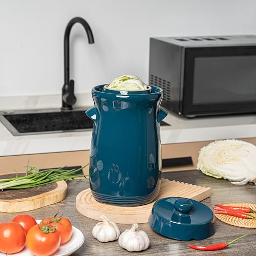 HFOXGO Fermentation Crock 3.8Liter/1 Gallon Stoneware Pot for Fermenting, Pickling Kimchi, Pickles, Vegetables, Kombucha - Glazed Fermenter with Stone Weights, Lid & Pickle Tamper-Blue Crock