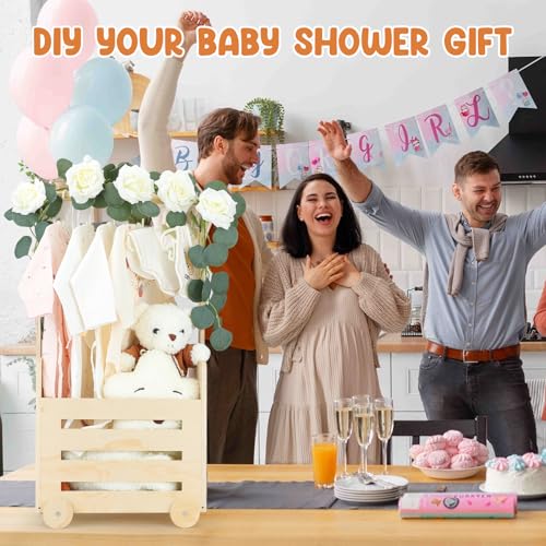 Image of Wooden Baby Shower Crate Closet With Cute Wheels, Movable Gift Basket With Raised Handle, Personalized Storage Hamper for Boys Girls New Born, Patent Pending