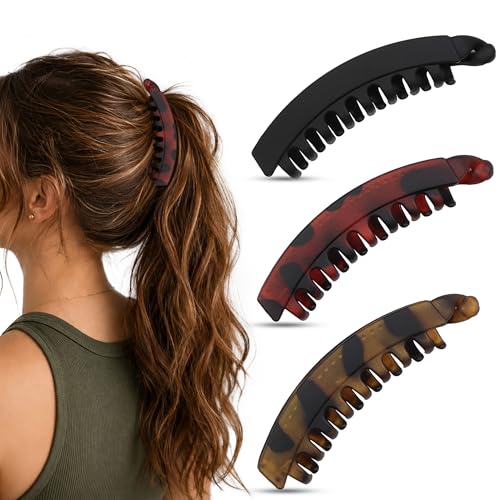 3 Pack Banana Claw Clips for Women Exra Think Long Hair, Large Strong Hold Non-Slip Matte Finish Ponytail Holder Clips, Volumizing Hair Jaw Clips, No Crease Styling Accessories