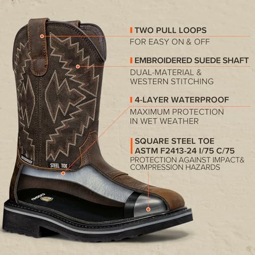 CVDSHU Men's Steel Toe Work Boots Waterproof Square Toe Cowboy Boots Comfortable Western Safety Boot with Full-Grain Leather Oil Slip Resistant for Construction Farming Brown US 9 — view 3