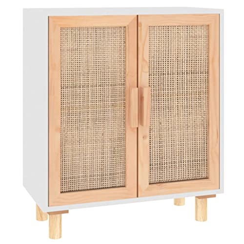 Yisssmeng White - Buffet - 60 x 30 x 70 cm - Bois massif de pin et rotin - Petite commode à 2 compartiments - Plateau supérieur robuste - 70 kg - Design...