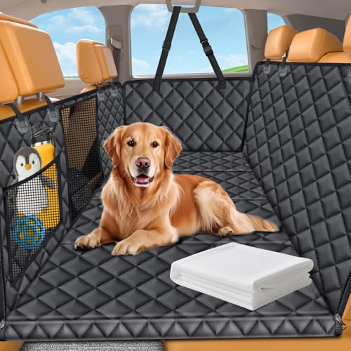 URPOWER Back Seat Extender for Dogs - Hard Bottom Dog Car Seat Cover with 1PC Leak-Proof Pee Pad, Foldable Dog Hammock for Car, SUV, and Truck, Pet Rear Seat Protector Dogs Travel Bed with Mesh Window