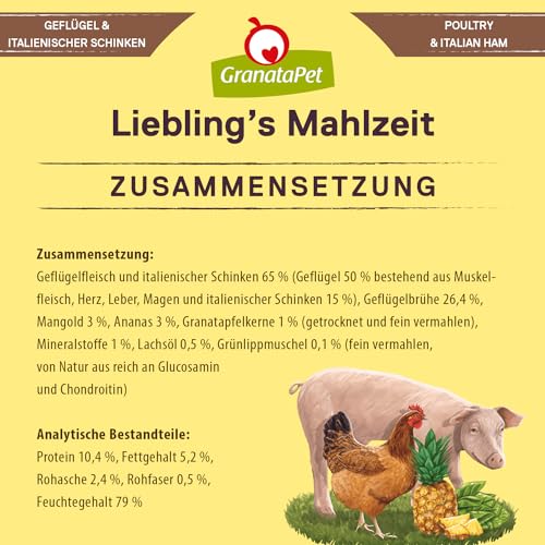 GranataPet Liebling's Mahlzeit Geflügel & italienischer Schinken, Nassfutter für Hunde, Hundefutter ohne Getreide & ohne Zuckerzusätze, Alleinfuttermittel, 6 x 400 g