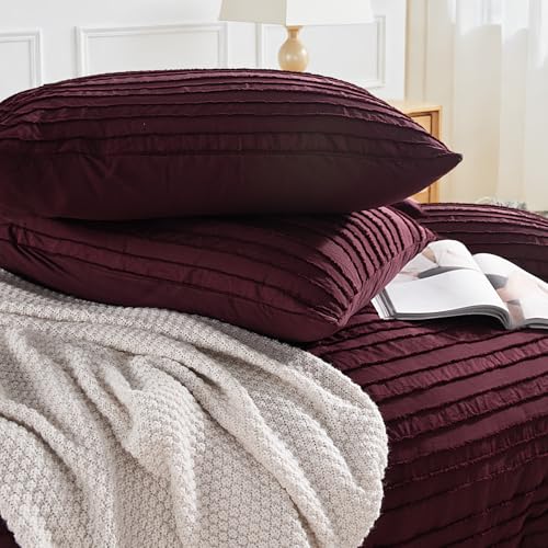 Image of NEXHOME PRO Duvet Cover,3 Pieces Boho Tufted Duvet Cover Set, Soft and Lightweight 100% Washed Microfiber Comforter Cover Set(Burgundy,104 x 98)-No Comforter