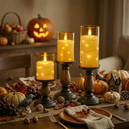 Image of Amagic Flameless Candles, Flickering Battery Operated Candles Embedded Fairy String Light, Realistic Pillar Candle with Remote Control and Timer, Acrylic Amber Gold, Set of 6, D3 x H4 5 inch 6 inch