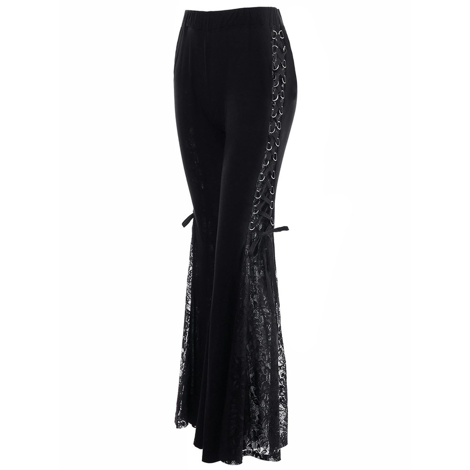 Gothic-Spitzen-Flare-Hose, Schnürung, Patchwork, schmale Hose, modische Bandage, seitlich durchsichtig, europäischer Stil, lässige Schlaghose, Damen-Style6-L