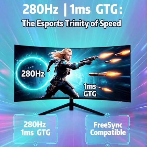 Image of ZZA 27 inch Curved Gaming Monitor, 280Hz 240Hz Gaming Monitor, 1800R VA Panel, 120% sRGB, AMD FreeSync, 1ms GTG, Esports Ready Display, Flicker-Free, HDMI & DP, VESA Mount - Black