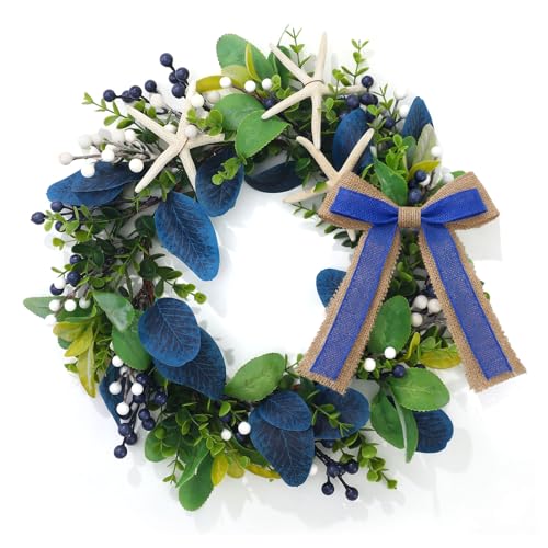Ovveroche Summer Starfish Wreath 20 in Artificial Eucalyptus Wreath for Front Door Coastal Farmhouse Door Wreath with Blue and White Berries and Burlap Bow for Porch Wedding Beach House Decor
