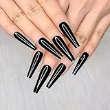 Artquee 24pcs Black Pure Color Ballerina Long Coffin Glossy Fake Nails Press on Nail False Tips Manicure for Women