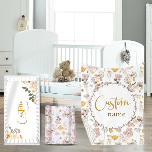 HSHRYY Custom Name Crib Bedding Set for Infant Girls Baby, Personalized Nursery Decor Baby Blanket Fitted Crib Sheet Changing Pad Cover 3 Pcs, Flowers Theme