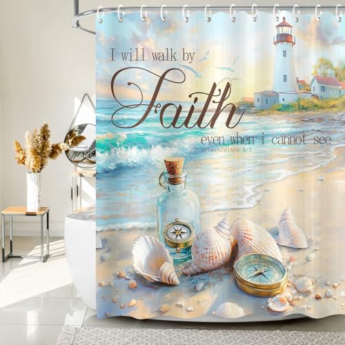 Beach Ocean Shower Curtain Bible Verse Quotes Inspirational Bath Curtains Nautical Coastal Christian Scripture Starfish Seashells Fabric Decor Shower Curtains for Bathroom Sets with 12 Hooks 72X72
