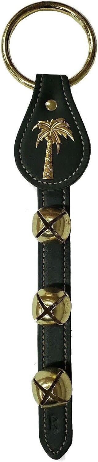 Palm Tree Charm Green Leather Strap Sleigh Bell Door Hanger 12 in for Holiday Occasion Made in USA