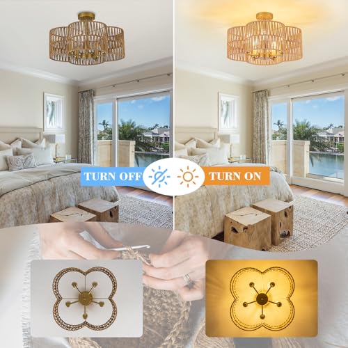 5-Light Rattan Light Fixture, 20" Boho Flush Mount Ceiling Light, Rattan Semi Flush Mount Light Fixture with Hand-Woven Quatrefoil Shade, Wicker Light Fixtures for Kitchen Nursery Living Room Bedroom - Image 6