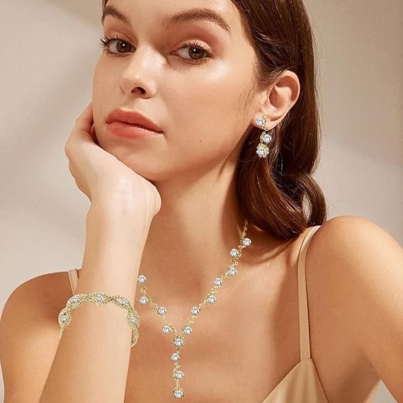 5 Pcs Purse Rhinestone Jewelry Set, RhinestoneClutch Purse Bride Prom Evening Rhinestone Jewelry Set Bling Necklace Earrings Bracelets Set for Wedding, Gold/Silver - Image 5