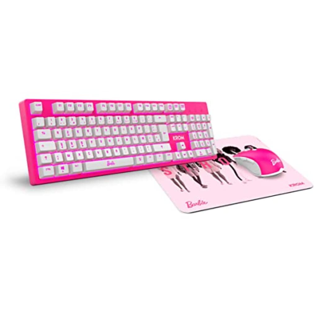 KROM BARBIE KANDY - Clavier à membrane LED blanche, souris capteur optique 6400 dpi, tapis de souris en caoutchouc souple et résistant, disposition française, couleur rose