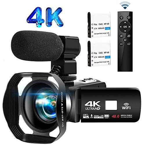 Video Camera 4K 30FPS 48.0MP Camcorder 18X Digital Camera 3.0 in Touch Screen WiFi Vlogging Camera IR Night Vision Video Camera with External Microphone and Remote Control