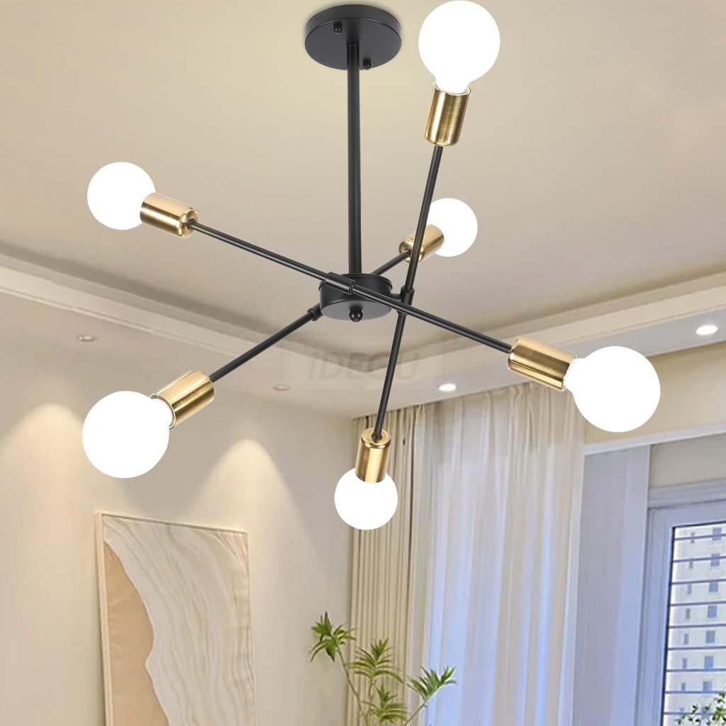 iDEGU Lampadario Soggiorno Moderno, 6 Luci Lampada da Soffitto Regolabile Plafoniera LED Vintage Illuminazione E27 Lampada a Sospensione Industriale per Camera da letto Sala da Pranzo (Nero Oro)